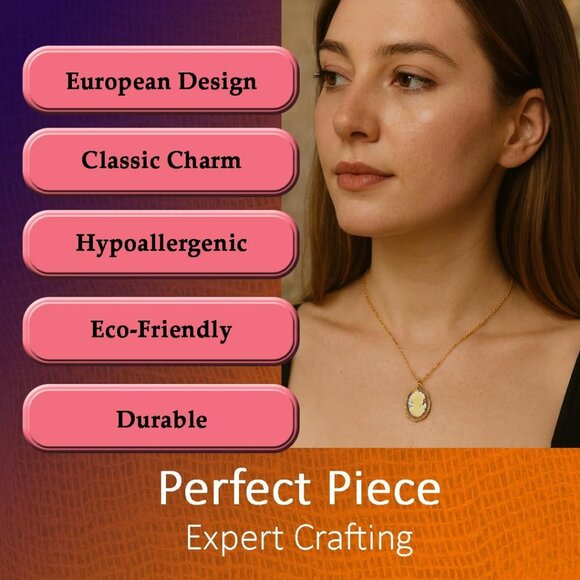 Gold-Plated Victorian Cameo Necklace Vintage Amber Pendant Bead Chain Gift Box - Picture 3 of 7